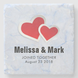 2赤い紙ハートオンIcy Blue Marble 結婚's ストーンコースター