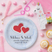 2赤い紙ハートオンIcy Blue Marble 結婚's ペーパープレート (パーティー)