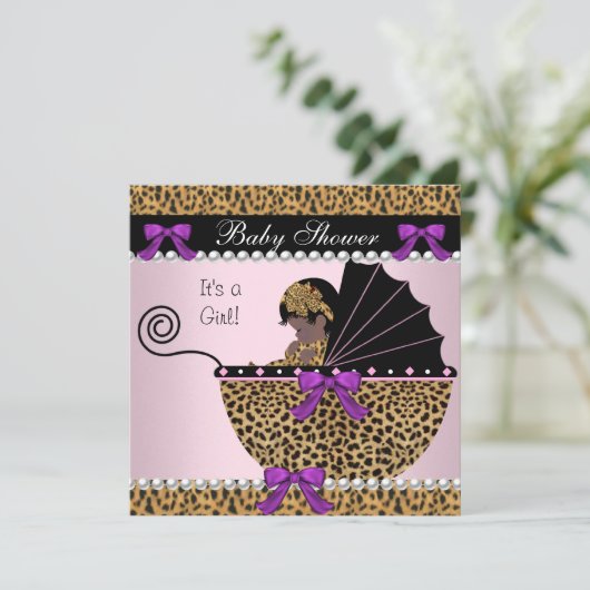 2赤ちゃんシャワーかわいい赤ちゃん女の子ピンクヒョウ弓 招待状 (スタンド正面)