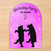 2踊りブラックベアーズパーティーハット金ゴールドスターピンク アクリル招待状 (正面)