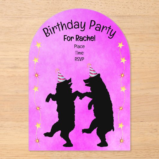2踊りブラックベアーズパーティーハット金ゴールドスターピンク アクリル招待状 (正面)