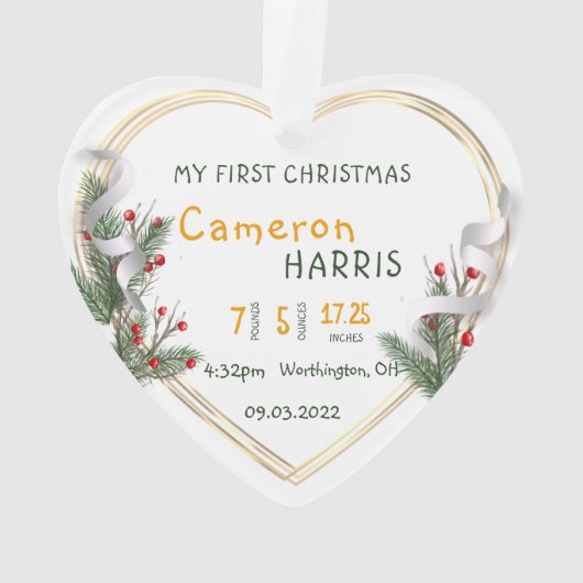 2辺金ゴールドフレームベビー1番目のクリスマスホリー&パイン オーナメント (裏面)