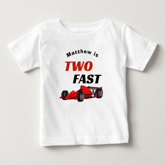 2速い男の子2ndバースデーレッドレーシングカー ベビーTシャツ (正面)