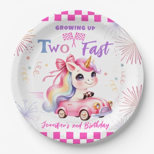 2速く成長！ピンクレースカー2nd誕生日 ペーパープレート (正面)