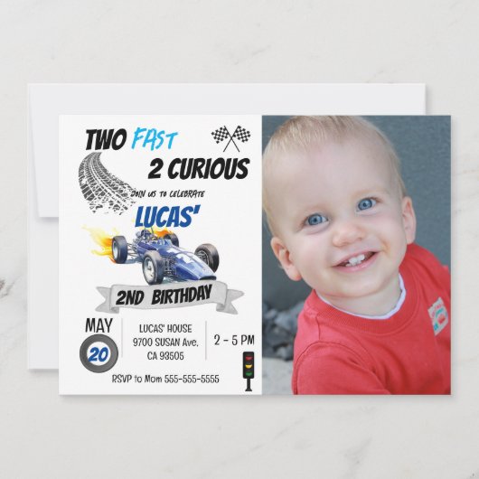 2速2好奇心フォトレースカー2nd誕生日 招待状 (正面)
