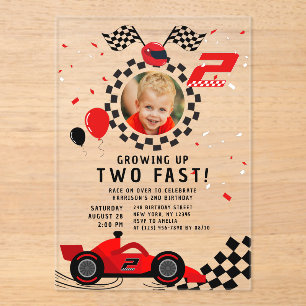 2速2番目の誕生日の子供かわいい赤いレーシングカー アクリル招待状