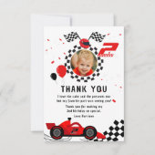 2速2番目の誕生日の子供かわいい赤いレーシングカー サンキューカード (正面)