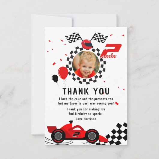 2速2番目の誕生日の子供かわいい赤いレーシングカー サンキューカード (正面)