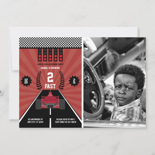 2速2番目の誕生日の男の子レーシングフォーミュラ写真車 招待状 (正面)