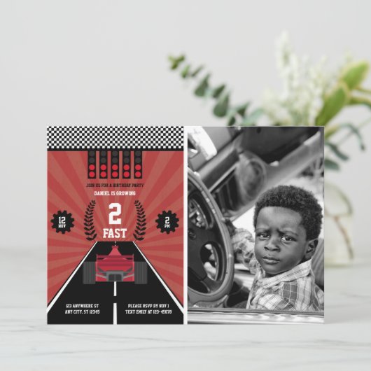 2速2番目の誕生日の男の子レーシングフォーミュラ写真車 招待状 (スタンド正面)