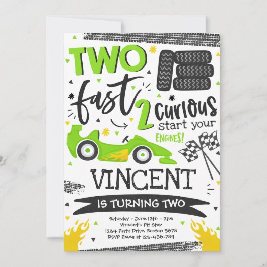 2速2番目の誕生日パーティーグリーンレースカーパーティー 招待状 (正面)