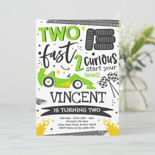 2速2番目の誕生日パーティーグリーンレースカーパーティー 招待状 (スタンド正面)