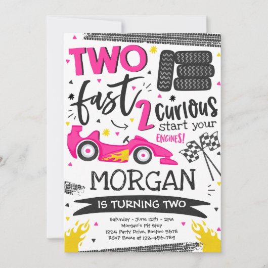 2速2番目の誕生日パーティーピンクレースカーパーティー 招待状 (正面)