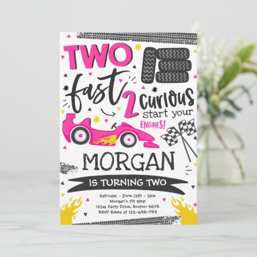2速2番目の誕生日パーティーピンクレースカーパーティー 招待状 (スタンド正面)