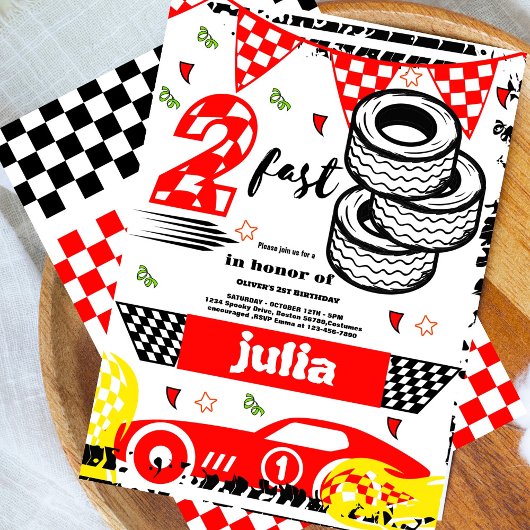2速2番目の誕生日パーティー赤いレースカーパーティー 招待状