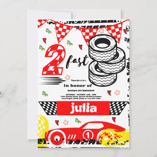 2速2番目の誕生日パーティー赤いレースカーパーティー 招待状 (正面)