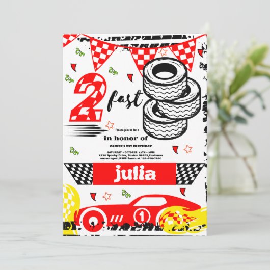 2速2番目の誕生日パーティー赤いレースカーパーティー 招待状 (スタンド正面)
