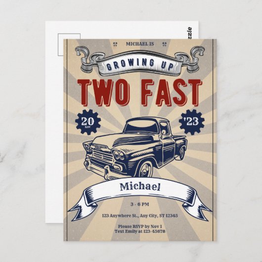 2速2番目の誕生日ボーイカー格安招待状 ポストカード (正面/裏面)