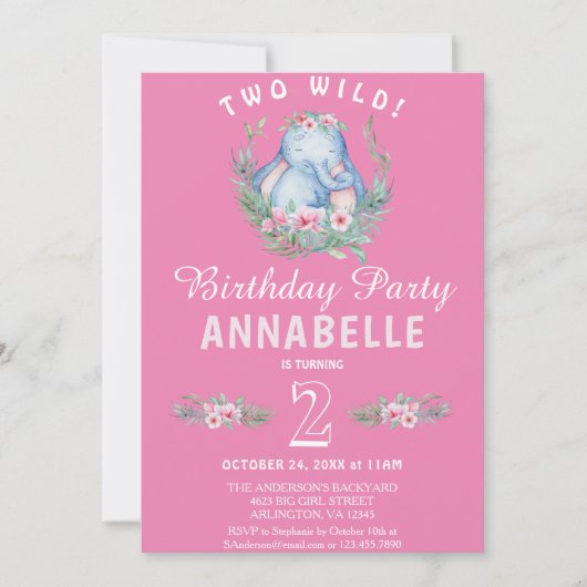 2野生かわいいトロピカルエレファントピンク誕生日 招待状 (正面)