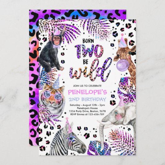 2野生のサファリアニマルズレインボーチーター誕生日I 招待状 (正面/裏面)
