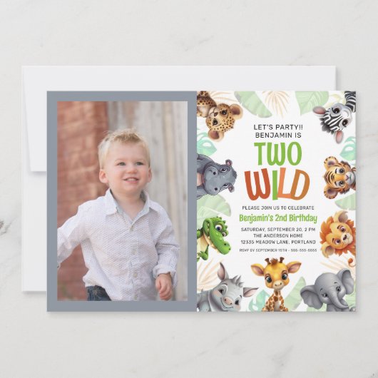 2野生のサファリ動物フォトチャイルドの2歳の誕生日 招待状 (正面)