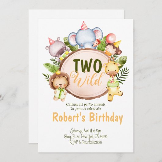 2野生パーティー動物誕生日招待状 招待状 (正面/裏面)