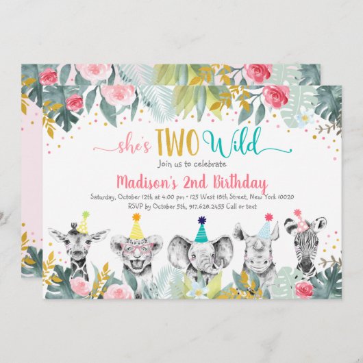 2野生ピンク金ゴールドパーティー動物誕生日 招待状 (正面/裏面)
