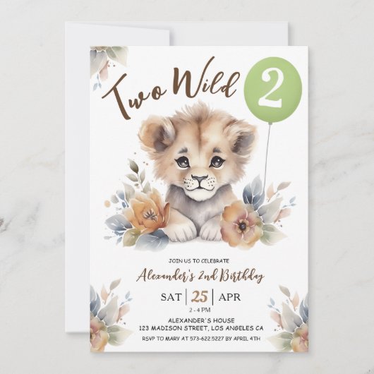 2野生ライオンセージ緑のバルーン2番目の誕生日ボーイ 招待状 (正面)