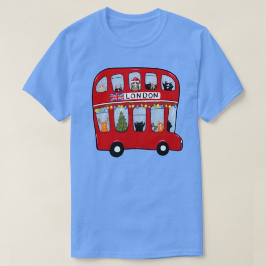 2階建てのバスのクリスマス猫 Tシャツ (デザイン正面)