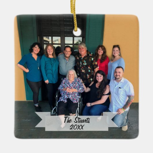 2面カスタムシンプル家族写真クリスマス セラミックオーナメント (正面)