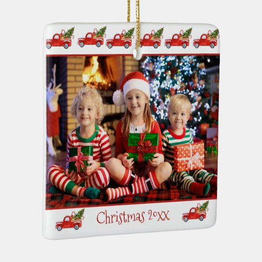 2面カスタム子フォトレッドトラッククリスマス セラミックオーナメント (右)