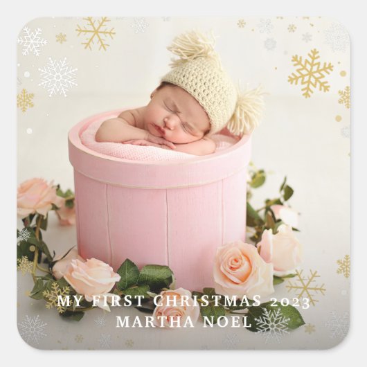 2面モダン初めてのクリスマススノーフレーク写真 スクエアシール (正面)