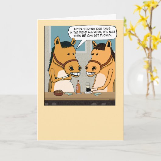 2頭のおもしろい馬が耕される誕生日 カード (黄色い花)