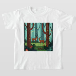 2頭のトナカイがいる魔法の森の風景 Tシャツ