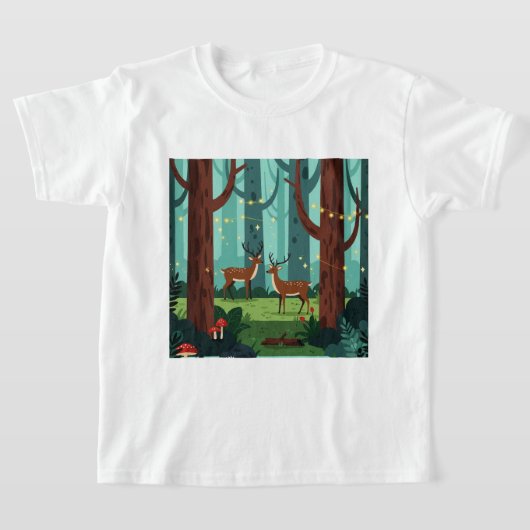 2頭のトナカイがいる魔法の森の風景 Tシャツ (レイダウン)