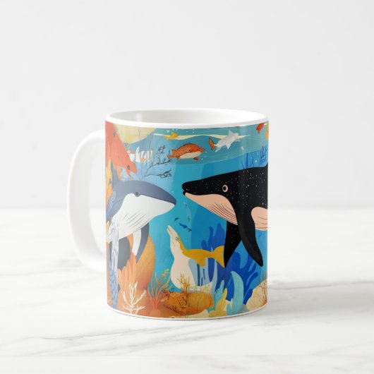 2頭の大きなクジラを含む海洋生物 コーヒーマグカップ (正面左)