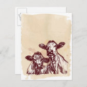 2頭の牛の手描きスケッチと水色ヴィンテージ ポストカード (正面/裏面)