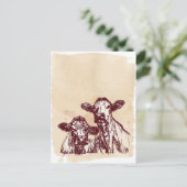 2頭の牛の手描きスケッチと水色ヴィンテージ ポストカード (スタンド正面)