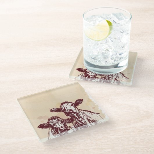 2頭の牛手の引くことのスケッチ及び水彩画のヴィンテージ ガラスコースター (アングル)