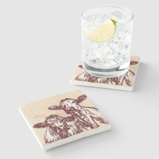 2頭の牛手の引くことのスケッチ及び水彩画のヴィンテージ ストーンコースター (横)