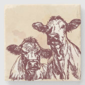 2頭の牛手の引くことのスケッチ及び水彩画のヴィンテージ ストーンコースター (正面)
