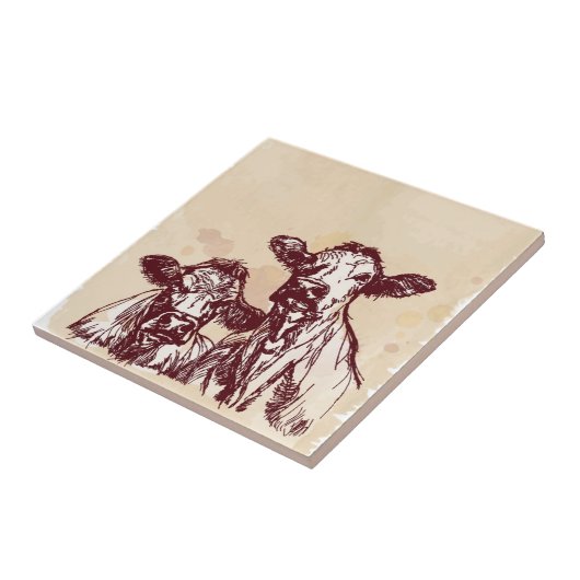 2頭の牛手の引くことのスケッチ及び水彩画のヴィンテージ タイル (側面)