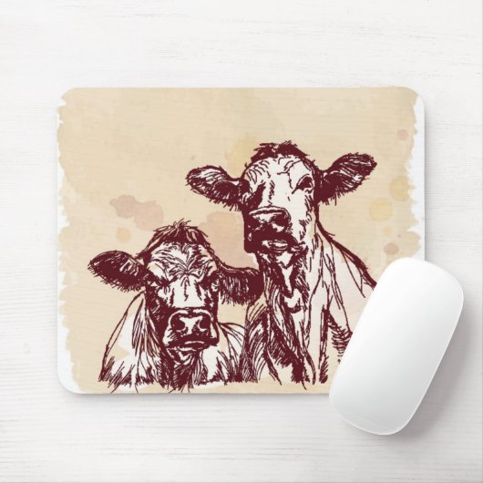 2頭の牛手の引くことのスケッチ及び水彩画のヴィンテージ マウスパッド (マウス)