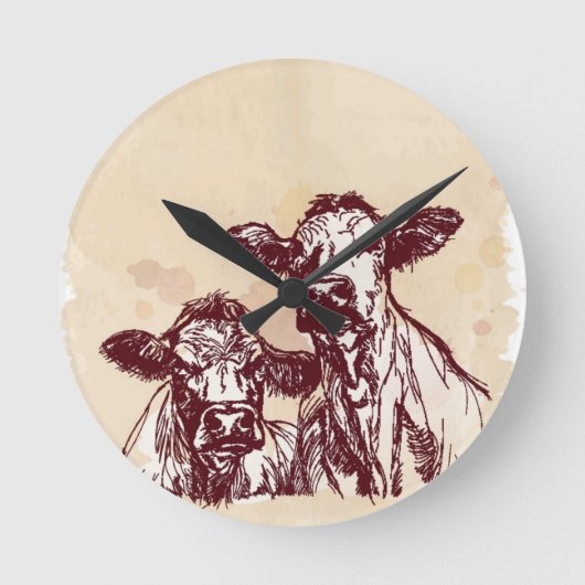 2頭の牛手の引くことのスケッチ及び水彩画のヴィンテージ ラウンド壁時計 (正面)