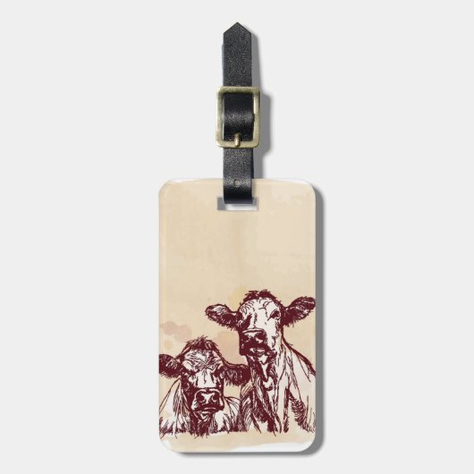 2頭の牛手の引くことのスケッチ及び水彩画のヴィンテージ ラゲッジタグ (正面縦)