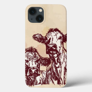 2頭の牛手の引くことのスケッチ及び水彩画のヴィンテージ iPhone 13ケース