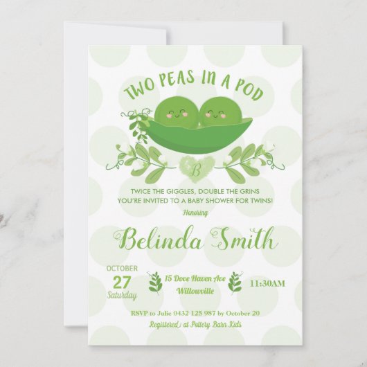 2頭の豆がポッドベビーシャワー招待状で双子 招待状 (正面)