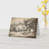 2頭の豚が野外のペンに藁を敷く カード (黄色い花)