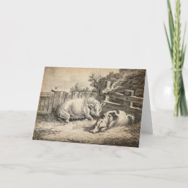 2頭の豚が野外のペンに藁を敷く カード