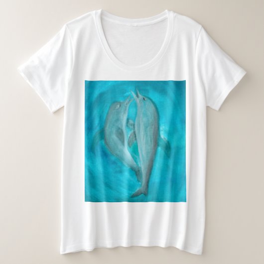 2頭の遊イルカの野生と自由の海 プラスサイズTシャツ (デザイン正面)